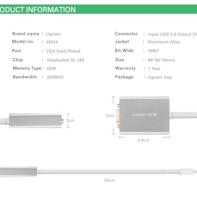 Ugreen UG4024440244TK 80CM Cáp chuyển USB 2.0 sang VGA cao cấp - HÀNG CHÍNH HÃNG