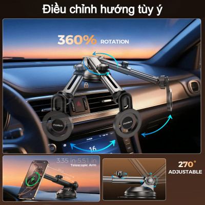 Bộ giá đỡ điện thoại hít nam châm 2in 1 Choetech H01005 dán taplo hoặc kẹp khe gió xoay 360 độ - Hàng chính hãng