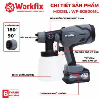 Máy Phun Sơn Workfix WF-SG800ML - 2 Kiểu Phun Linh Hoạt - Pin 10 Cell 21V/4Ah - Bảo Hành 6 Tháng