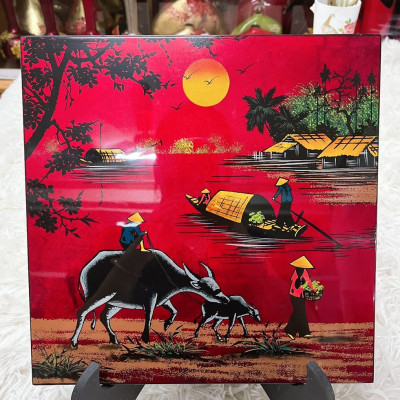 Tranh sơn mài đồng quê vẽ vàng, hàng xuất khẩu 30x30 cm