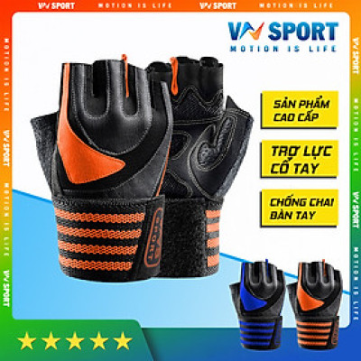 Găng Tay tập Gym Có dây Quấn Trợ Lực Cổ Tay VNS002 (WEIGHT LIFTING GLOVES), Găng Tay Tập Gym Cao Cấp Có Phủ Da Trên Mu bàn Tay, Chống Chai Sần Lòng Bàn Tay, Bảo Vệ Khớp Cổ Tay
