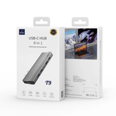 Hub Wiwu 8 In 1 T9 USB-C - USB 3.0 - HDMI - SD - Khe cắm TF - Type-C, Bộ Chuyển Đổi Đầu Ra Video HD 4K - Hàng Chính Hãng