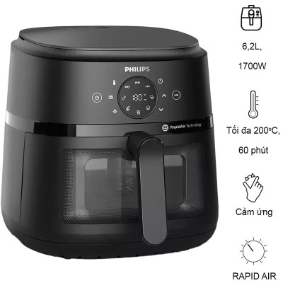 Nồi Chiên Không Dầu Philips NA230/00, Mặt Kính Nhìn Thực Phẩm, 6.2 lít - 1700W, Hàng Chính Hãng