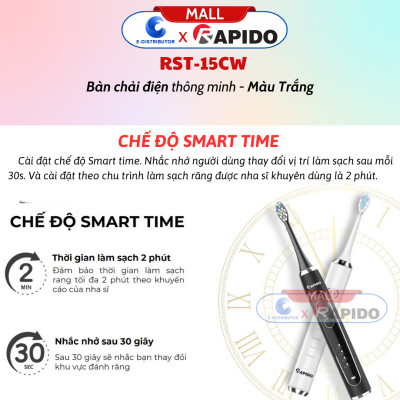 Máy Tăm nước cầm tay Rapido RWG150/RWW-300 - Bàn chải điện thông minh RST-15CW Trắng/RST-15WB Đen - Hàng Chính Hãng - bảo hành 6 tháng