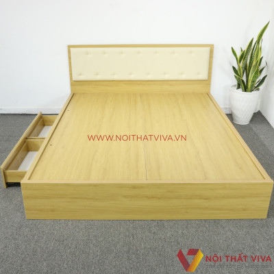Giường Ngủ Gỗ MDF Melamine Màu Vàng Có Ngăn Kéo + Đầu Nệm Kem Đẹp