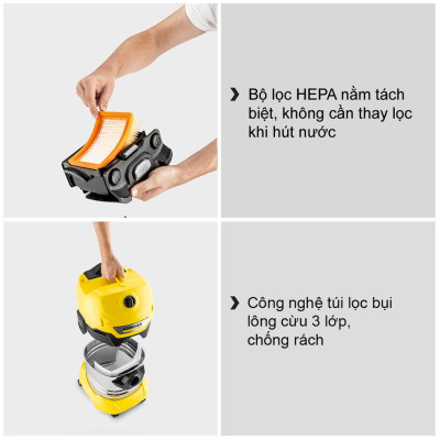 Máy hút bụi khô và ướt Karcher WD 4 S - version mới năm 2022  (Hàng chính hãng) 