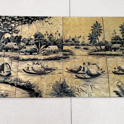 Bộ Tranh sơn mài - ĐỒNG QUÊ VIỆT NAM - Size 60x120 cm - Nền dát vàng cao cấp