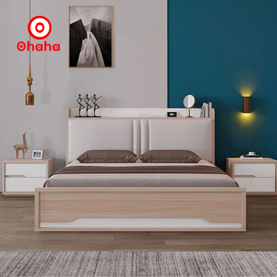 [Ảnh thực tế - Miễn phí lắp đặt & vận chuyển] Giường ngủ gỗ công nghiệp bọc nệm đầu giường có hộc kéo tiện lợi Ohaha - GN001