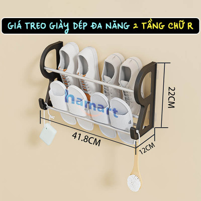 Giá Để Giày Dép Dán Tường 2 Tầng Chữ R Móc Treo Đồ Đa Năng Nhà Tắm Decor 4 Miếng Chữ U Siêu Dính