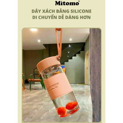 Bình Nước Thủy Tinh Cao Cấp Bọc Da Mitomo, Chịu Lực, Chịu Nhiệt, Có Dây Đeo Kèm Bộ Lọc Inox 304 Dung Tích 500ML hàng chính hãng