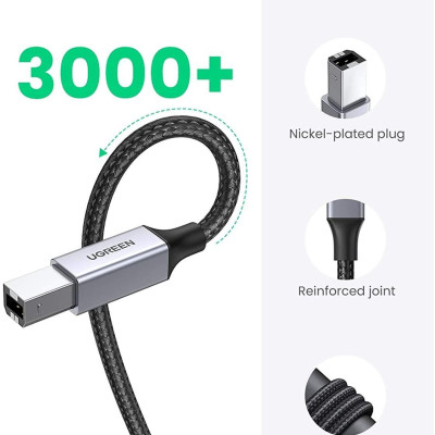 Ugreen UG80804US369TK 3M đầu nhôm dây bọc lưới chống nhiễu cáp máy in màu Đen 2.0 USB A sang B - HÀNG CHÍNH HÃNG