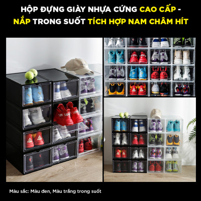 COMBO 3 HỘP ĐỰNG GIÀY NHỰA CỨNG CAO CẤP -NẮP TRONG SUỐT TÍCH HỢP NAM CHÂM HÍT-MÀU ĐEN