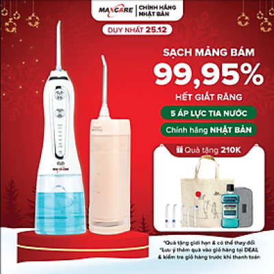 Máy tăm nước cầm tay vệ sinh răng miệng từ Nhật Bản chính hãng Maxcare Max456SE - khoang nước nhỏ gọn 240ml với túi chống sốc đi kèm, dễ mang mang đi, pin sạc dùng trong nửa tháng