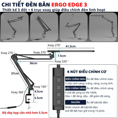 Đèn bàn học bảo vệ mắt DandiHome Ergo Edge chống cận để làm việc, học tập có thể kéo dài và gấp gọn - 3 phiên bản