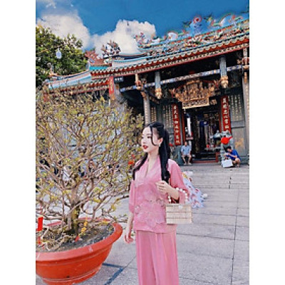 Đồ Lam Nữ Đi Chùa  SJ 01 Cao Cấp Trang Nhã Vải Lụa Hoa Nổi