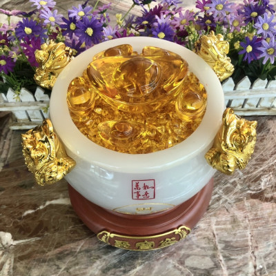 Bát vàng, Bát Tụ Tài, Bát Tụ Bảo đá bạch ngọc Hút Tài, Hút Lộc, Chiêu tài nạp lộc trang trí bàn thờ ông thần tài thổ địa - Cao 24cm
