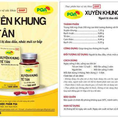 PQA Xuyên Khung Tế Tân là dược phẩm thảo dược giúp tăng lưu thông khí huyết cho người bị đau đầu, nhức mỏi cơ bắp.