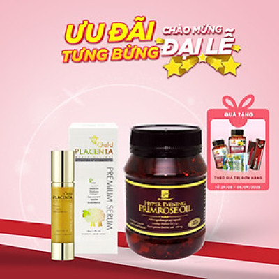 Bộ Sản Phẩm Đẹp Da, Giảm Nám: Viên Nội Tiết Hyper Evening Primrose Oil 180 Viên, Serum Vàng Nhau Thai Cừu Dr Natural Gold Placenta Premium 50ml