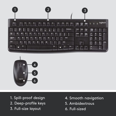 Bàn phím chuột có dây Logitech MK120 Thiết kế chống đổ tràn, có kích thước đầy đủ kèm bàn phím số, bền bỉ - Hàng Chính Hãng