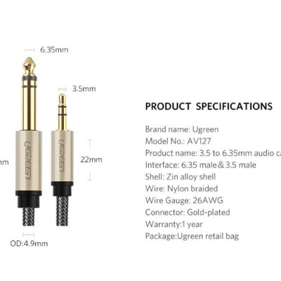 Ugreen UG40804AV127TK 2M màu Đen Cáp âm thanh 3.5mm sang 6.5mm cao cấp - HÀNG CHÍNH HÃNG