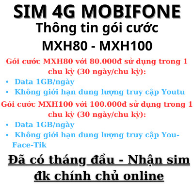 Sim 4G Mobifone MXH80-MXH100-KC90-S135-S159 Tặng (1-6)GB/Ngày Không Giới Hạn Truy Cập Mạng Xã Hội - Hàng Chính Hãng