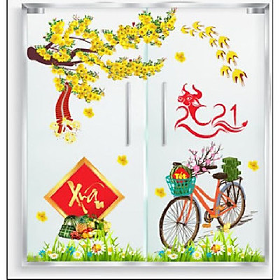 Decal trang trí tết cành mai vàng - cò sẵn keo PK623