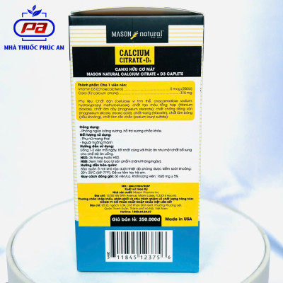 Viên uống bổ sung Canxi hữu cơ + Vitamin D3 cho bà bầu Mason Natural Calcium Citrate + D3 Mỹ 60 viên