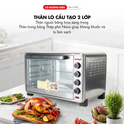 Lò nướng điện đa năng Gali GL-1170 dung tích lớn 70 lít, có đèn, xiên quay, quạt đối lưu, hàng chính hãng Gali bảo hành 24 tháng.