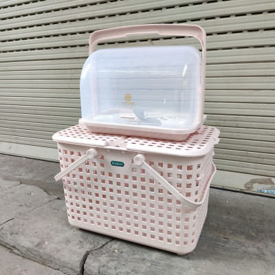 Combo khay kệ úp bình sữa và Giỏ làn đựng đồ đi sinh cho mẹ và bé bằng nhựa cao cấp quai giữa có nắp đậy Hàn Quốc