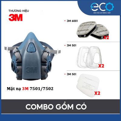 Combo (7 món) mặt nạ phòng độc 3M 7501, 7502 kết hợp phin lọc 3M 6001, tấm lọc bụi 5N11 cùng nắp giữ 501 chính hãng, phun thuốc, phun sơn, lọc bụi mịn, vi rút