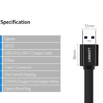 Ugreen UG10697US172TK 1M màu Đen Cáp USB TypeC sang USB 3.0 cáp dẹt - HÀNG CHÍNH HÃNG