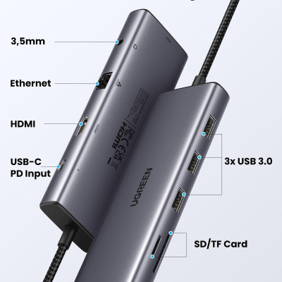Ugreen UG15601CM498TK USB type C sang 1 x HDMI 4K30hz + 1 x VGA xuất cùng lúc + 1 x RJ45 1Gbps + TF + SD + 3 x USB 3.0 + 1 x 3.5mm NO MIC + 1 x USB-C PD 100W Bộ chuyển 10in1 - HÀNG CHÍNH HÃNG
