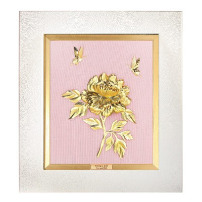 Tranh Vàng 24K PRIMA ART - Hình đôi bướm và cành hoa mẫu đơn dát vàng 24K trên nền vải canvas màu hồng nhạt - Bộ sưu tập Luxe - CGS-0657-81