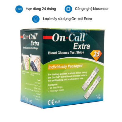 Hộp 25 Que thử đường huyết On Call Extra, NK chính ngạch, Tem niêm phong, nhãn phụ TV đẩy đủ