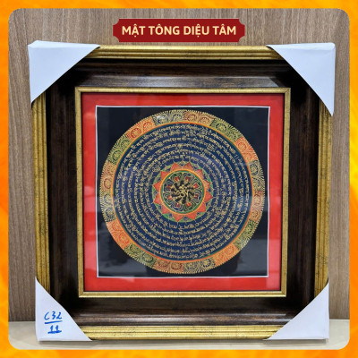 Tranh Mandala Chú Om Mani Padme Hum kèm khung 32cm Vẽ Tay Thủ Công Nepal Tranh chú lục tự chân ngôn Mật tông Diệu Tâm