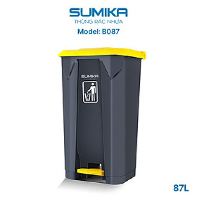 Thùng rác nhựa đạp chân SUMIKA B087, dung tích 87L, thùng màu xám, nắp vàng