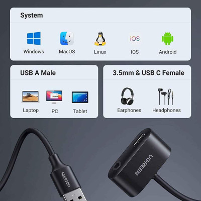 Ugreen UG80897CM397TK 15CM Cáp chuyển đổi USB-A sang USB-C audio + 3.5mm audio Màu Đen - HÀNG CHÍNH HÃNG