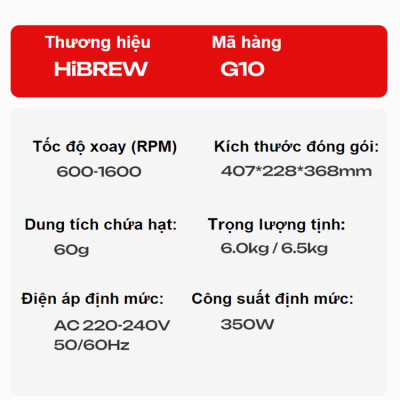 Máy xay hạt cà phê chuyên nghiệp Single Dose, 150 cấp độ xay vô cấp. Thương hiệu Mỹ cao cấp HiBREW - G10. HÀNG CHÍNH HÃNG