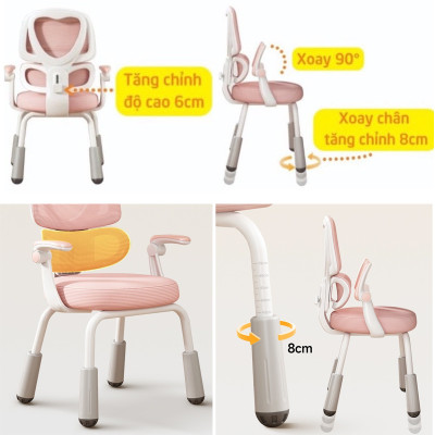 Ghế học sinh màu hồng cho bé gái CE1026-M Nội thất Capta Ghế học bài tựa lưng điều chỉnh bảo vệ cột sống nệm vải màu hồng khung và tay nhựa trắng chân sắt sơn tĩnh điện 