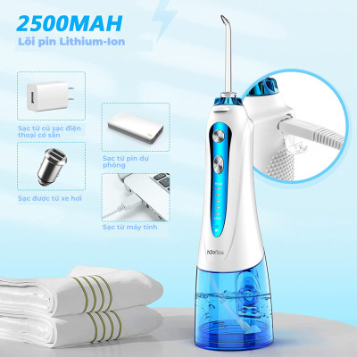 Tăm nước cầm tay H2ofloss HF-6. Tăm nước 5 chế độ, 5 đầu tăm đa chức năng, túi vải đựng máy, pin sử dụng tối đa 21 ngày, tặng kèm củ sạc nguồn thấp