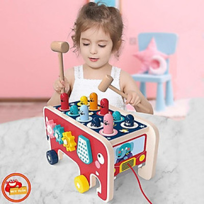 Đồ chơi xe kéo đập chuột hình chú voi dễ thương bằng gỗ