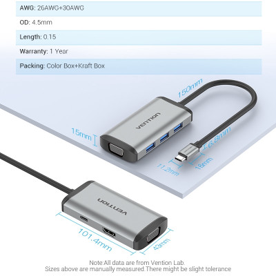 Bộ chuyển đổi Type-C sang VGA + HDMI + 3 cổng USB 3.0 + Sạc Type-C PD 87W Vention TGSHB (6 in 1) - hàng chính hãng