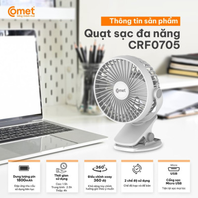 Quạt Sạc Tích Điện Mini Kẹp Bàn COMET CRF0705 5W Xoay 360 Độ pin Lithium 1800mAh hàng chính hãng