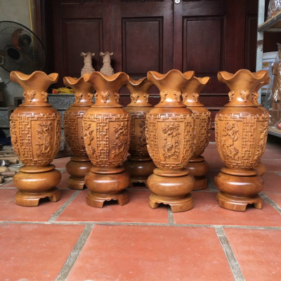 Cặp lục bình trạm khắc tứ quý ,phong thủy hút tài lộc .bằng gỗ bách xanh kt cao 50×14,5cm