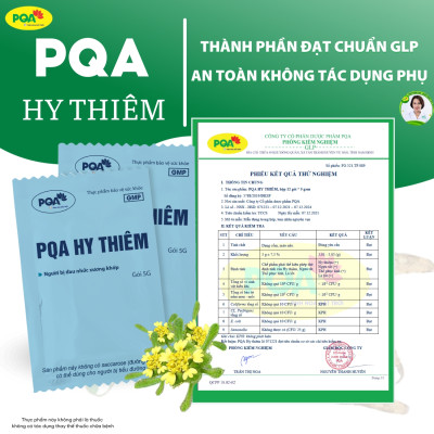 PQA Hy Thiêm là dược phẩm thảo dược giúp bổ huyết,mạnh gân cốt, hỗ trợ đau nhức xương khớp cho người bị phong thấp, đau nhức xương khớp.