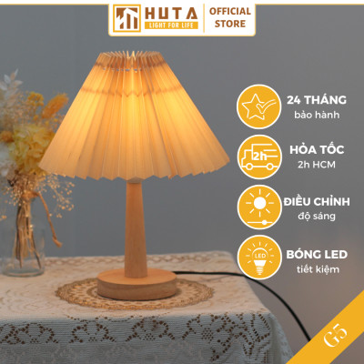 Đèn Ngủ Để Bàn HUTA G5 Gỗ Chao Xếp Ly Vintage Dễ Thương, Decor Trang Trí Phòng Ngủ, Đọc Sách Đầu Giường, Điều Chỉnh Độ Sáng, Đèn Vàng Bóng LED Tiết Kiệm Điện