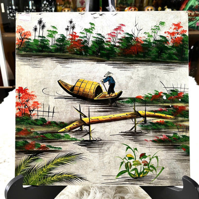 Tranh sơn mài đồng quê vẽ vàng, hàng xuất khẩu 30x30 cm