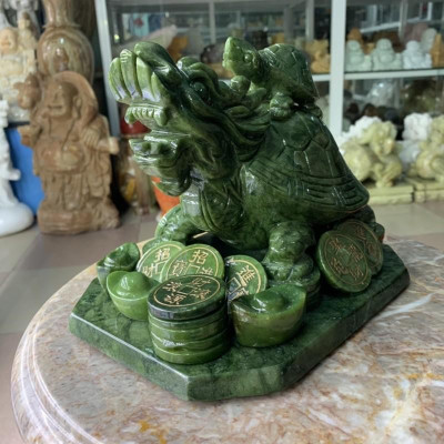 Tượng Long Quy ( Rùa đầu rồng ) cõng con phong thủy đá ngọc Ấn Độ - Dài 22 cm