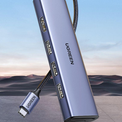 Ugreen UG25124CM511TK USB type C sang 1 x HDMI 4K30Hz + 3 x USB3.0 + TF + SD Bộ chuyển 6in1 - HÀNG CHÍNH HÃNG