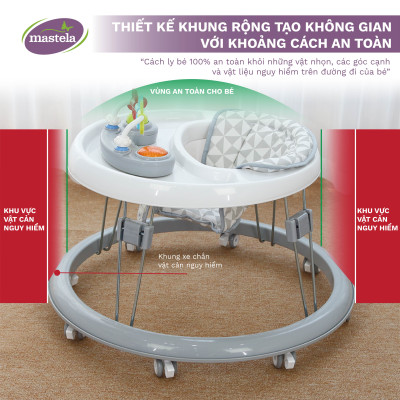 Xe tập đi cho bé có đồ chơi và nhạc Mastela W2002, bánh xe cao su hãm di chuyển theo quán tính siêu nhẹ xoay 360 độ mặt bàn ăn dặm, bánh xe silicon chống ồn - Tiêu chuẩn JIS Nhật Bản